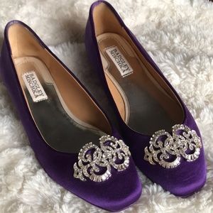 Badgley Mischka Purple Satin Evening Flats with Crystal Embellishments